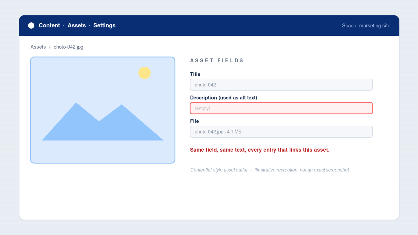 A Contentful-style asset editor, showing a single Description field used as both caption and alt text for every entry that links the file.